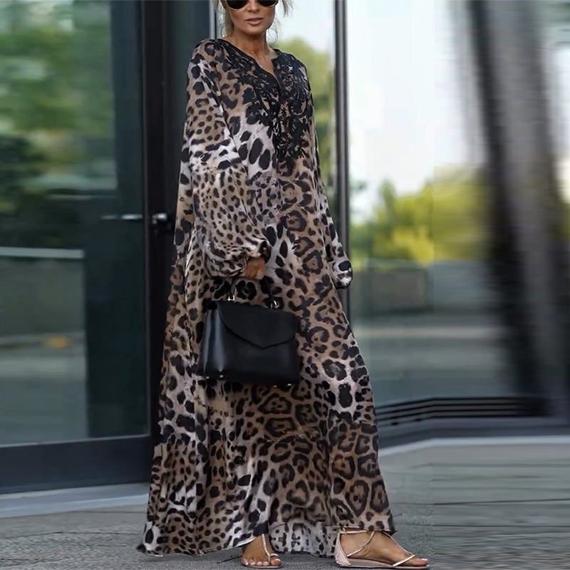 Jeanette| Ženska obleka z dolgimi rokavi in leopardjim vzorcem