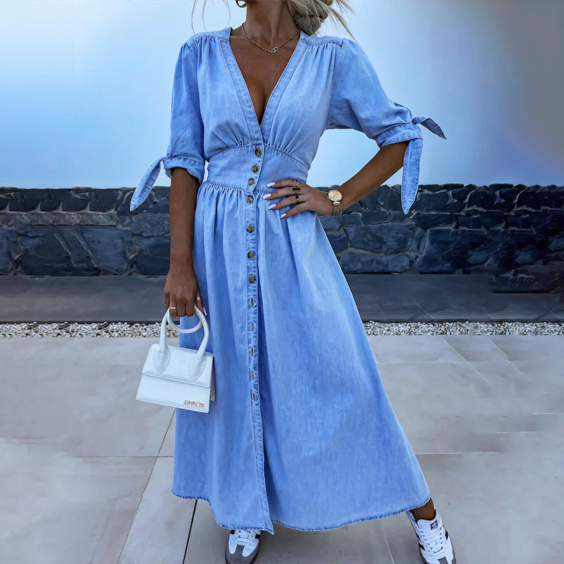 Christel| 👗Jeans obleka z V-izrezom in gumbom za ženske