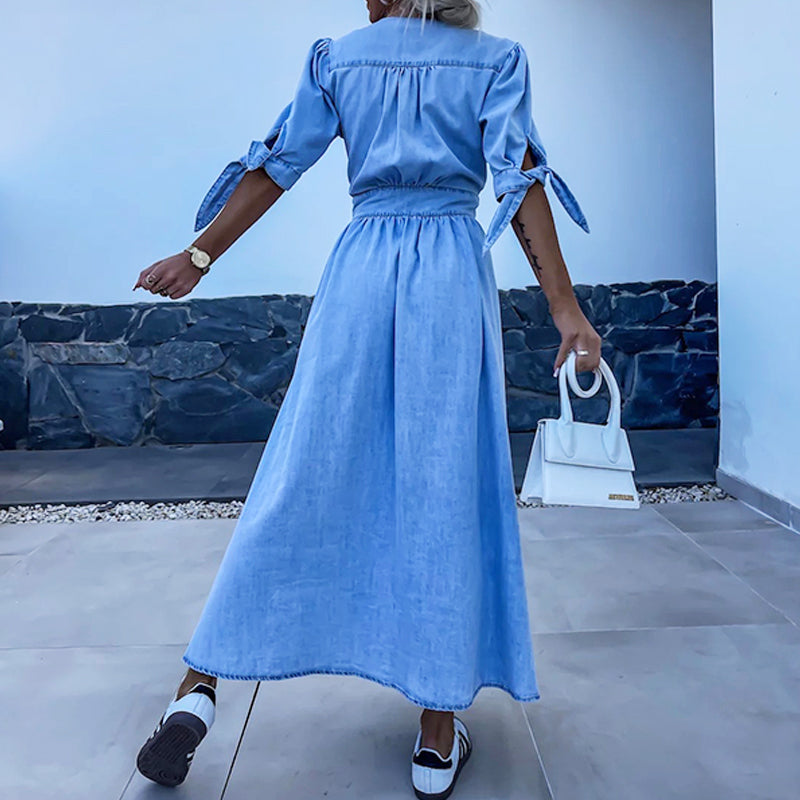 Christel| 👗Jeans obleka z V-izrezom in gumbom za ženske