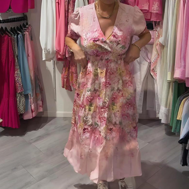 Astrid| Elegantna dolga obleka za ženske z cvetličnim vzorcem in V-izrezom