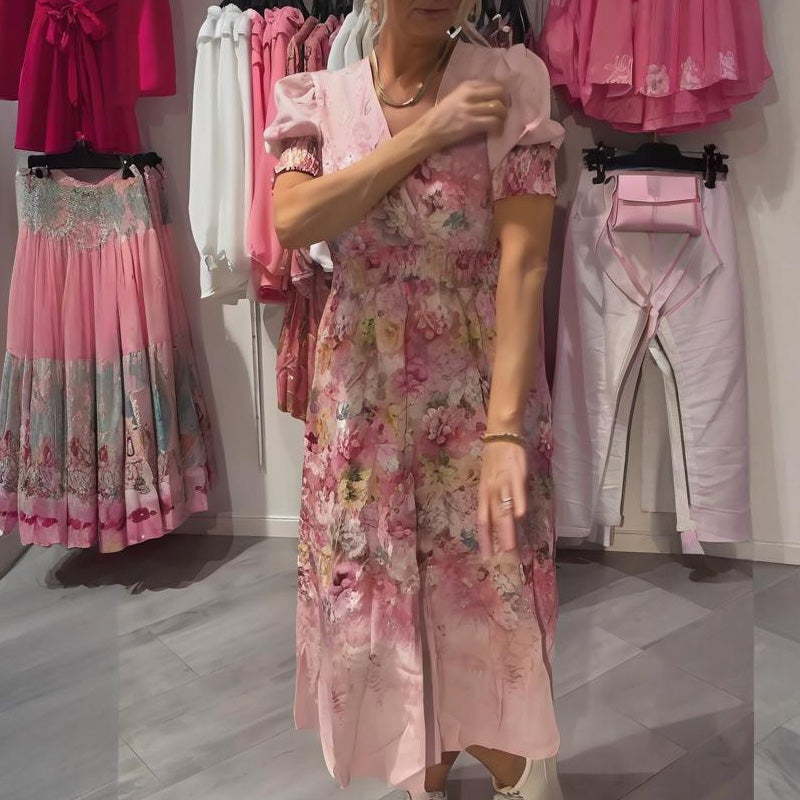 Astrid| Elegantna dolga obleka za ženske z cvetličnim vzorcem in V-izrezom