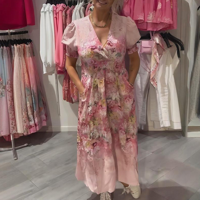 Astrid| Elegantna dolga obleka za ženske z cvetličnim vzorcem in V-izrezom