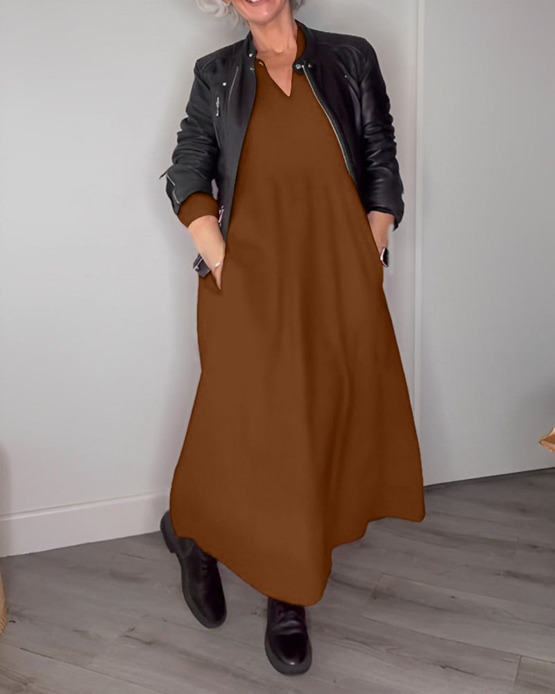 Belou| Elegantna obleka z V-izrezom in dolgimi rokavi