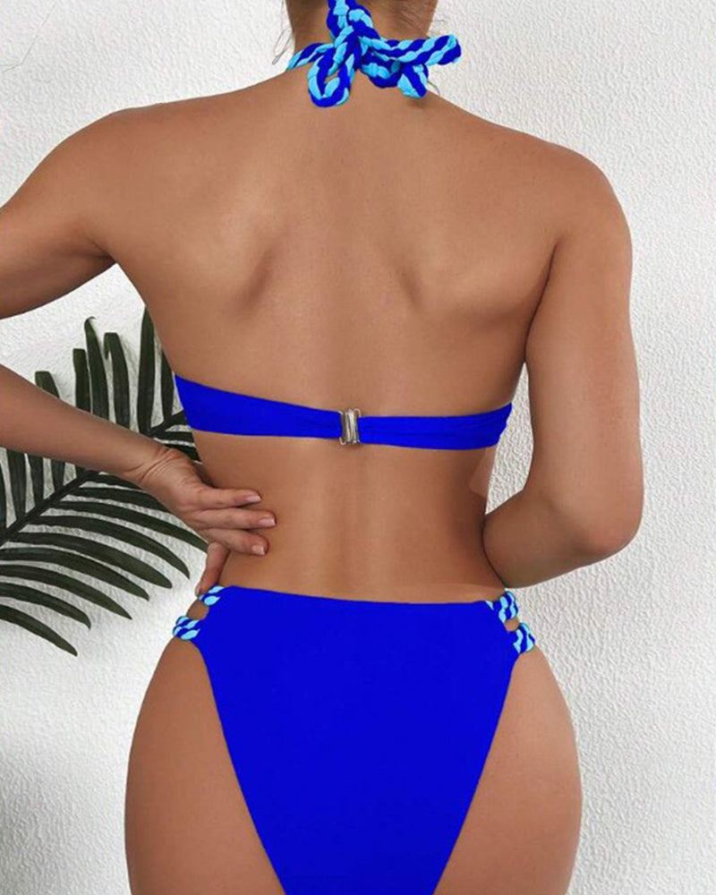 Barvni blok bikini set z odprtim hrbtom