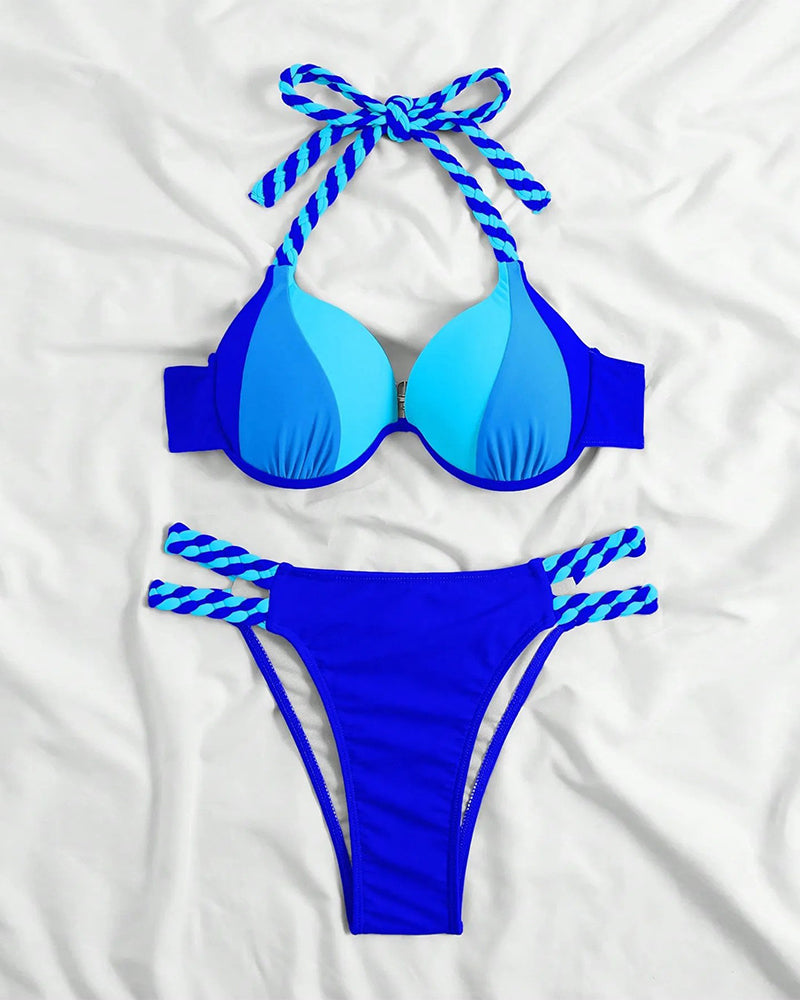 Barvni blok bikini set z odprtim hrbtom