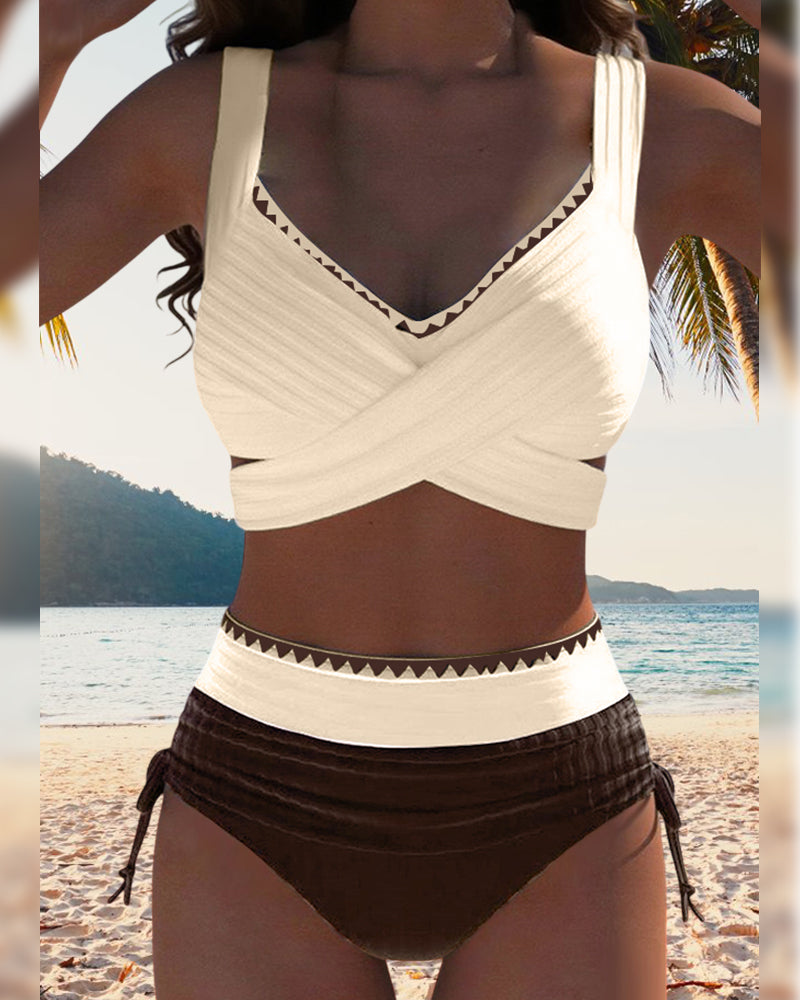 Bikini Décontracté Coutures Contrastées Deux Pièces