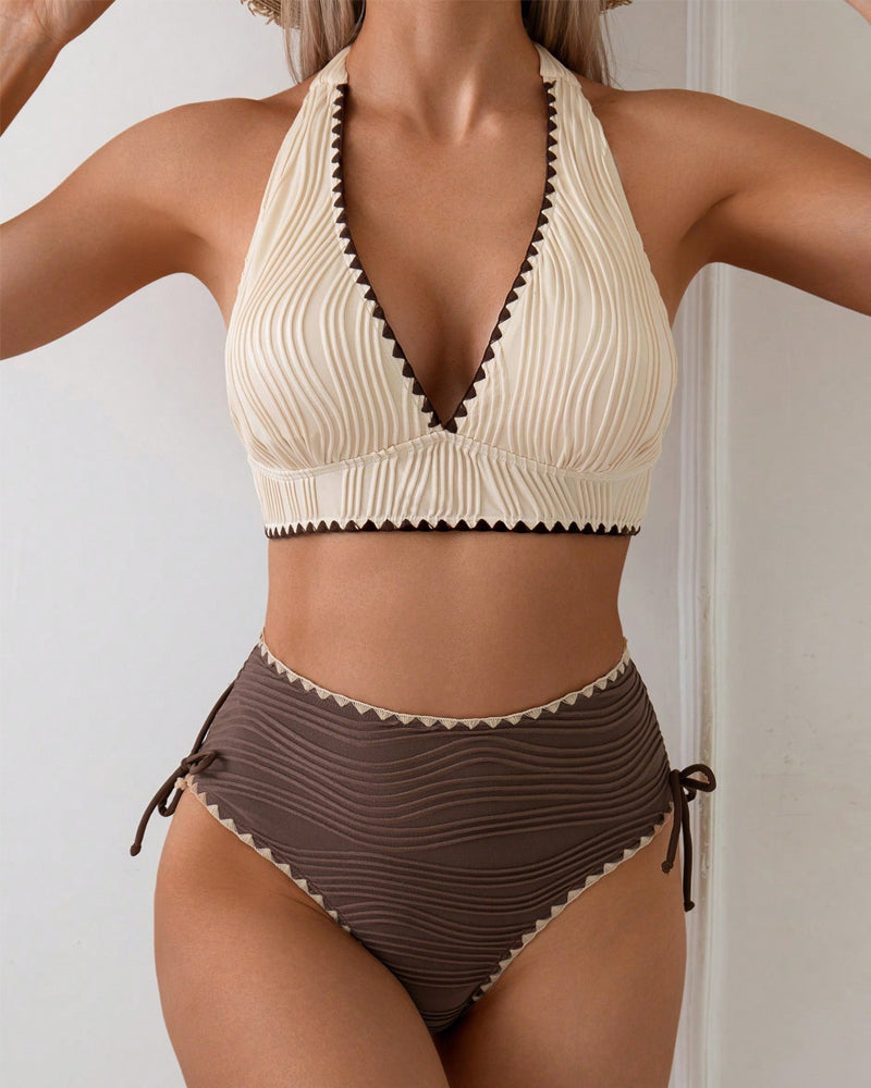 Bikini Ensemble Deux Pièces Avec Décolleté Halter et Design en Couleur Contrastante