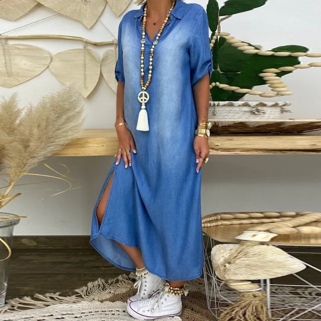 Lea | Dolga denim obleka s stranskim razporkom