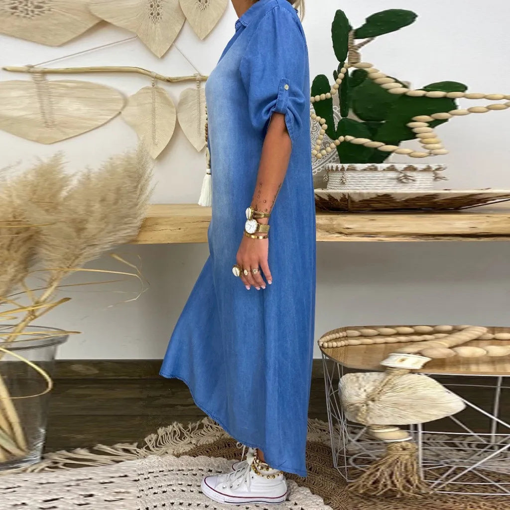 Lea | Dolga denim obleka s stranskim razporkom