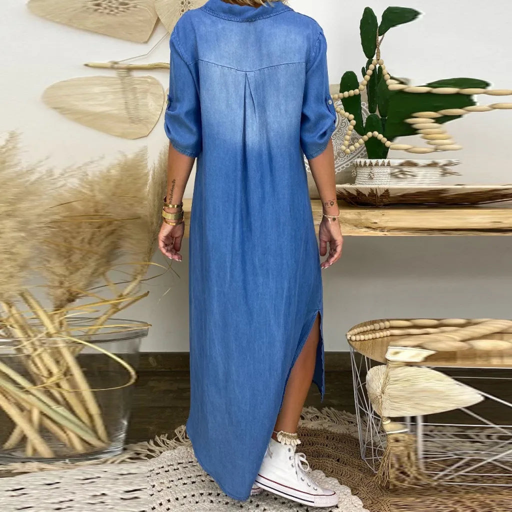 Lea | Dolga denim obleka s stranskim razporkom