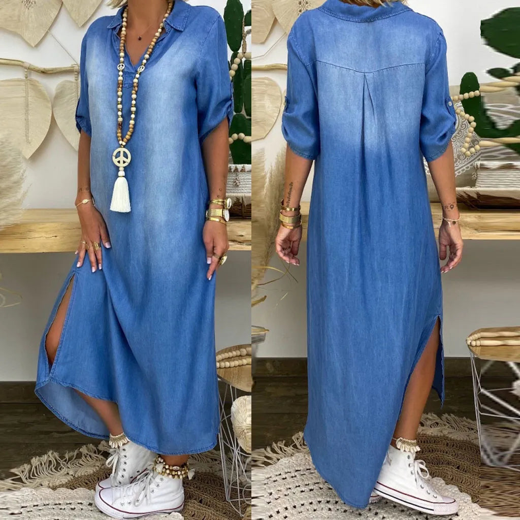 Lea | Dolga denim obleka s stranskim razporkom
