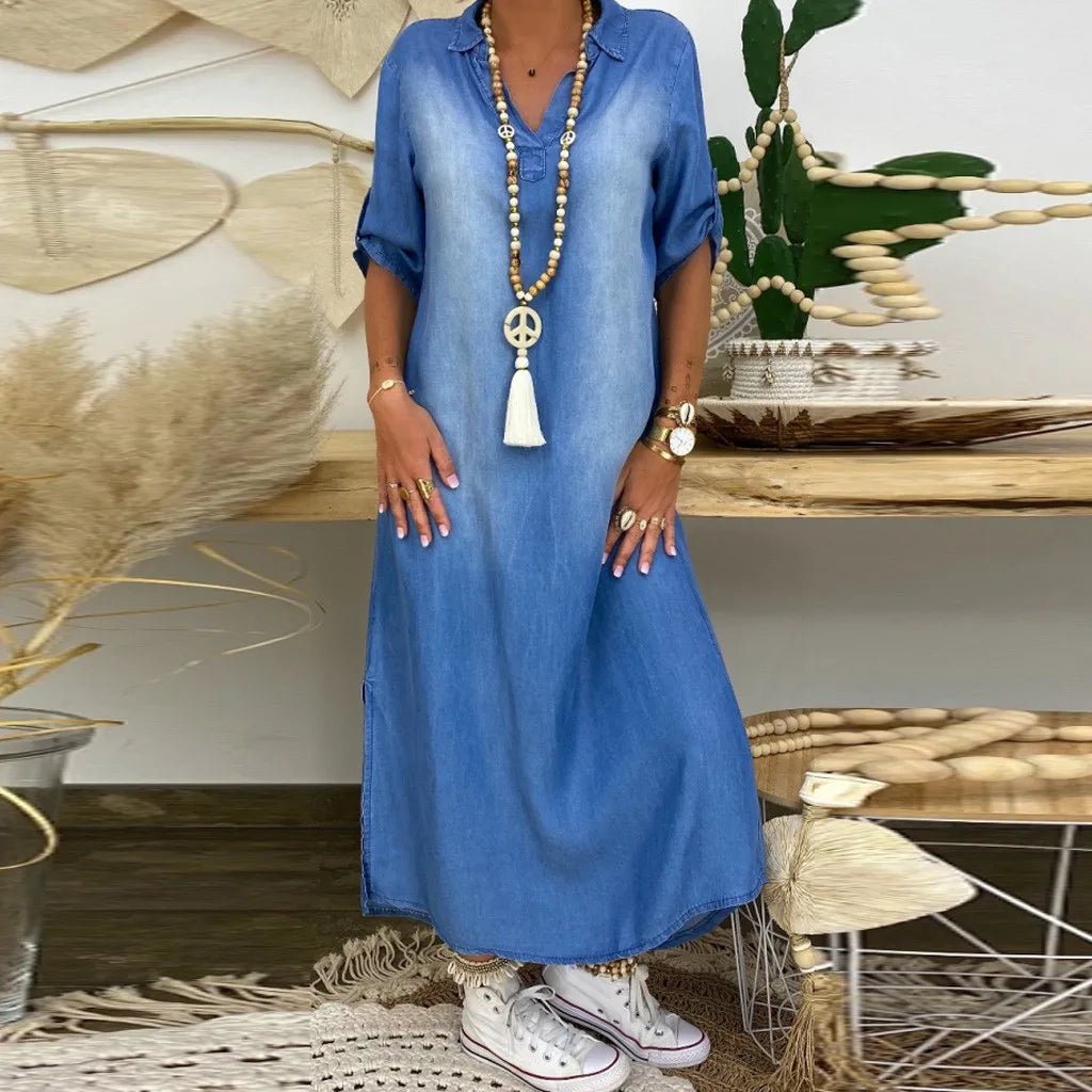 Lea | Dolga denim obleka s stranskim razporkom