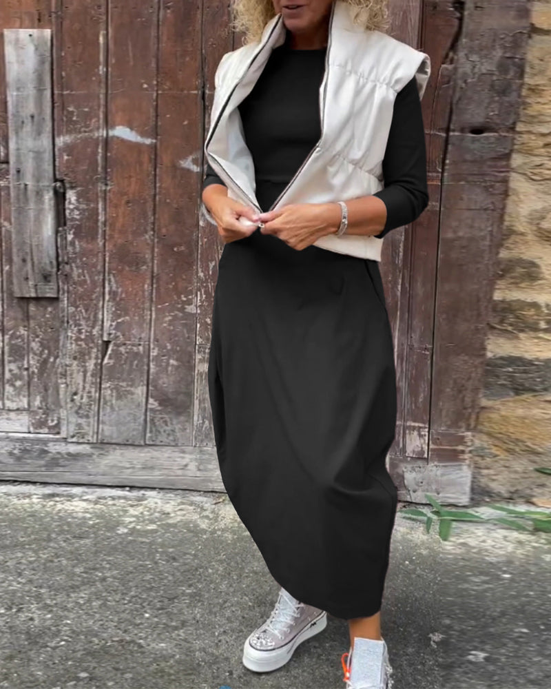 Laura| Elegantna obleka z dolgimi rokavi, enobarvna, z žepi