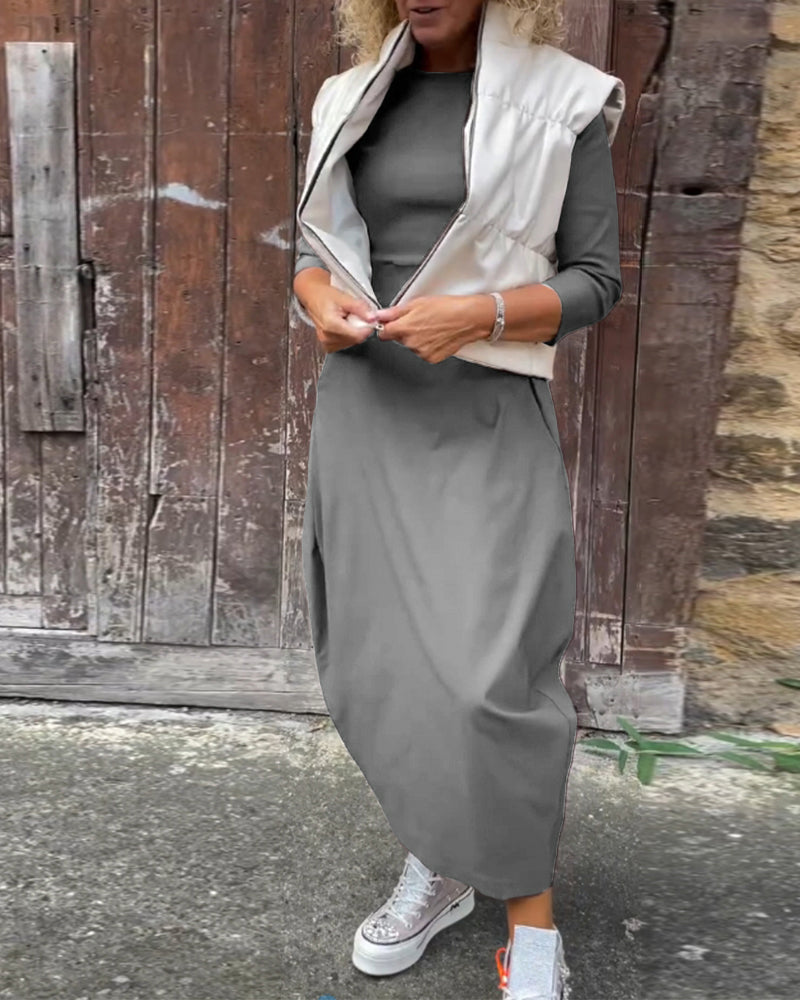 Laura| Elegantna obleka z dolgimi rokavi, enobarvna, z žepi