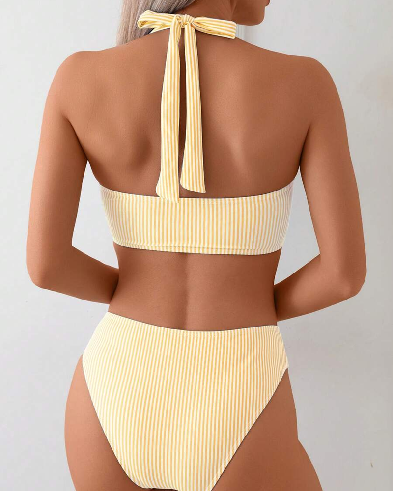 Bikini z V-izrezom, Dvodelni, Črtast