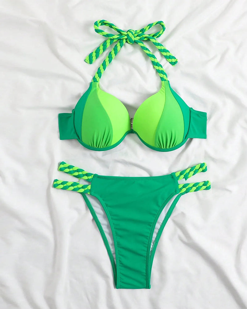 Barvni blok bikini set z odprtim hrbtom