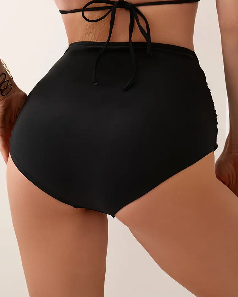 Bas de maillot de bain plissé uni taille haute