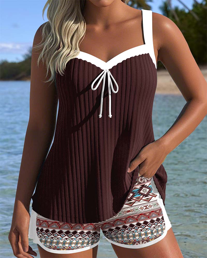 Tankini z Rjavimi Črtami Kratke Plažne Hlače