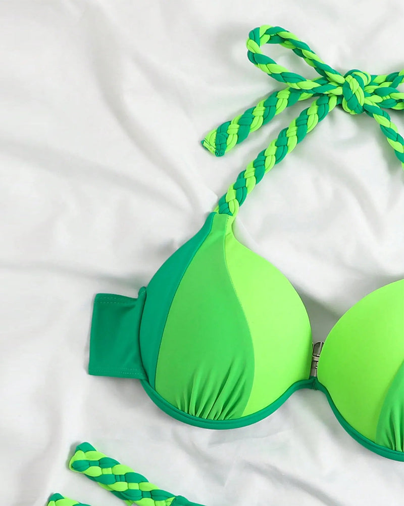 Barvni blok bikini set z odprtim hrbtom