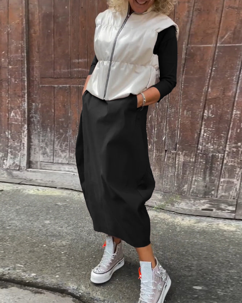 Laura| Elegantna obleka z dolgimi rokavi, enobarvna, z žepi