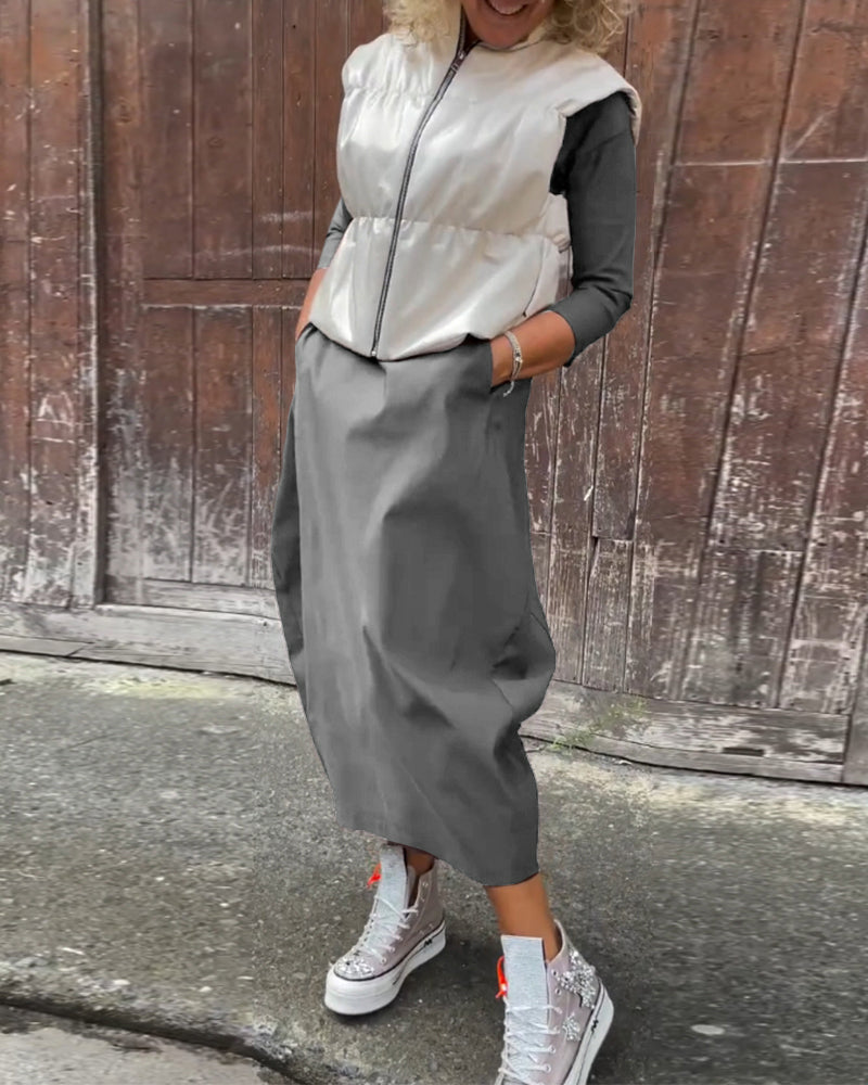 Laura| Elegantna obleka z dolgimi rokavi, enobarvna, z žepi