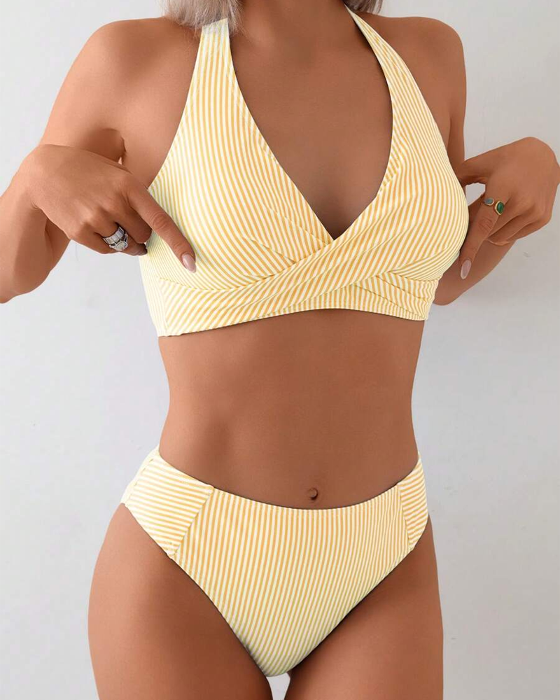 Bikini z V-izrezom, Dvodelni, Črtast