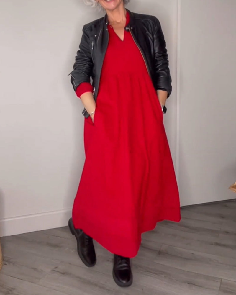 Belou| Elegantna obleka z V-izrezom in dolgimi rokavi