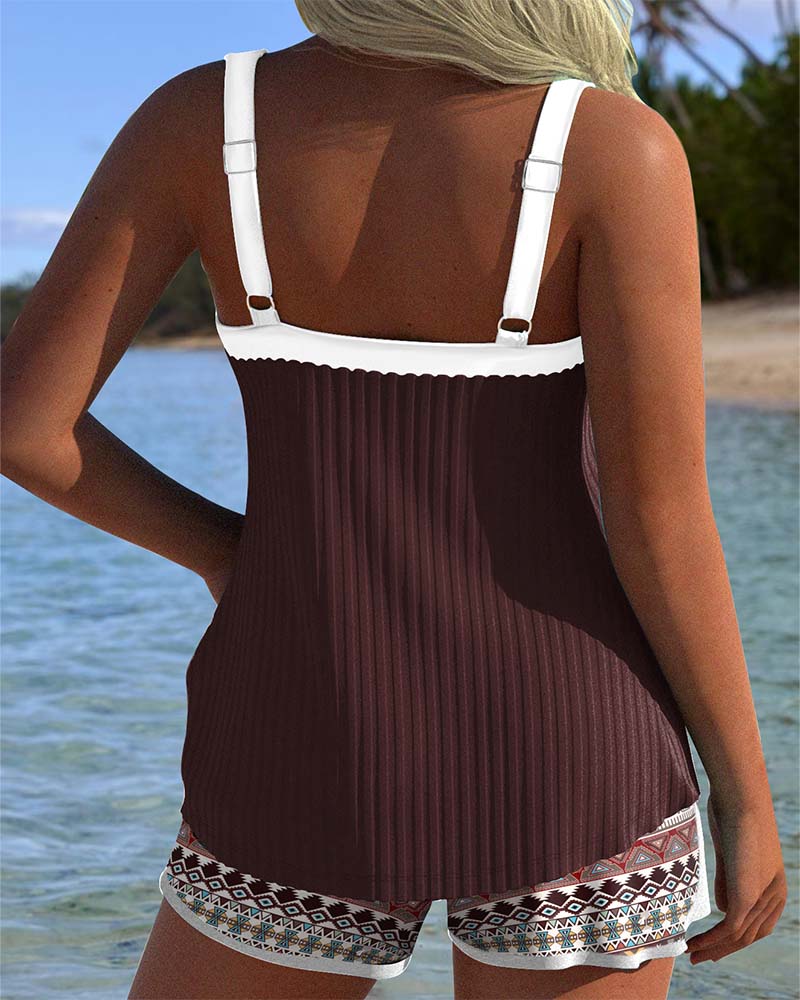 Tankini z Rjavimi Črtami Kratke Plažne Hlače