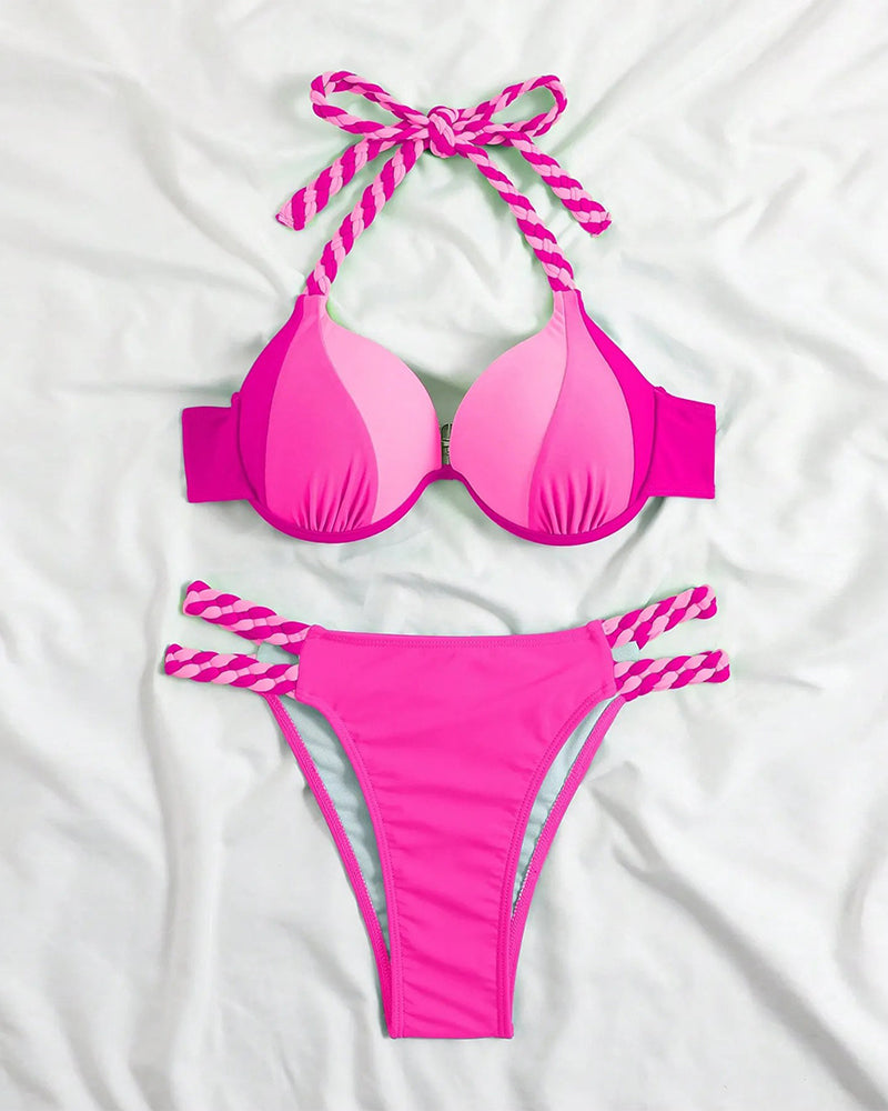 Barvni blok bikini set z odprtim hrbtom