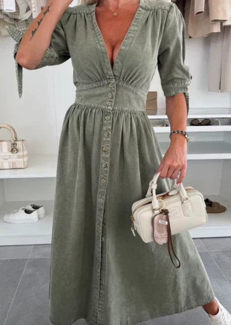 Christel| 👗Jeans obleka z V-izrezom in gumbom za ženske