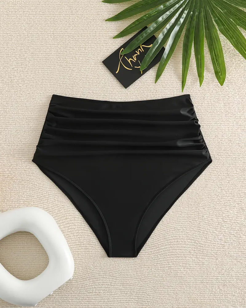 Bas de maillot de bain plissé uni taille haute