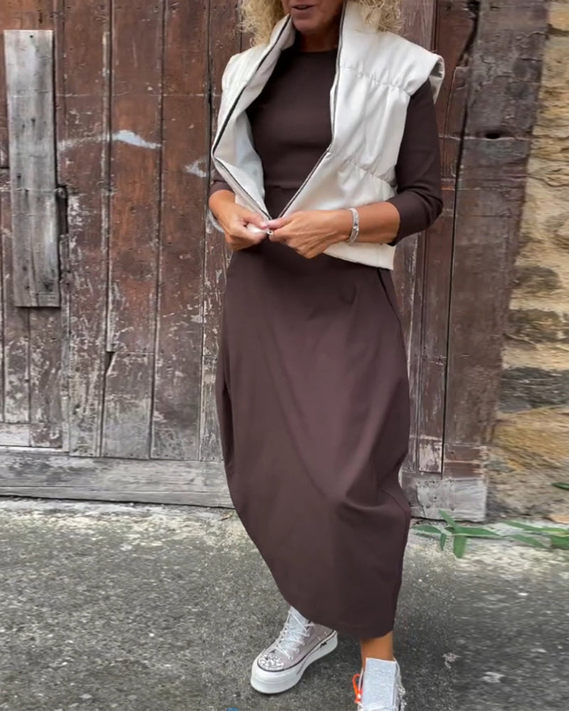 Laura| Elegantna obleka z dolgimi rokavi, enobarvna, z žepi
