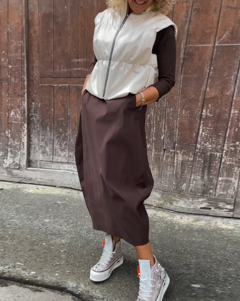 Laura| Elegantna obleka z dolgimi rokavi, enobarvna, z žepi