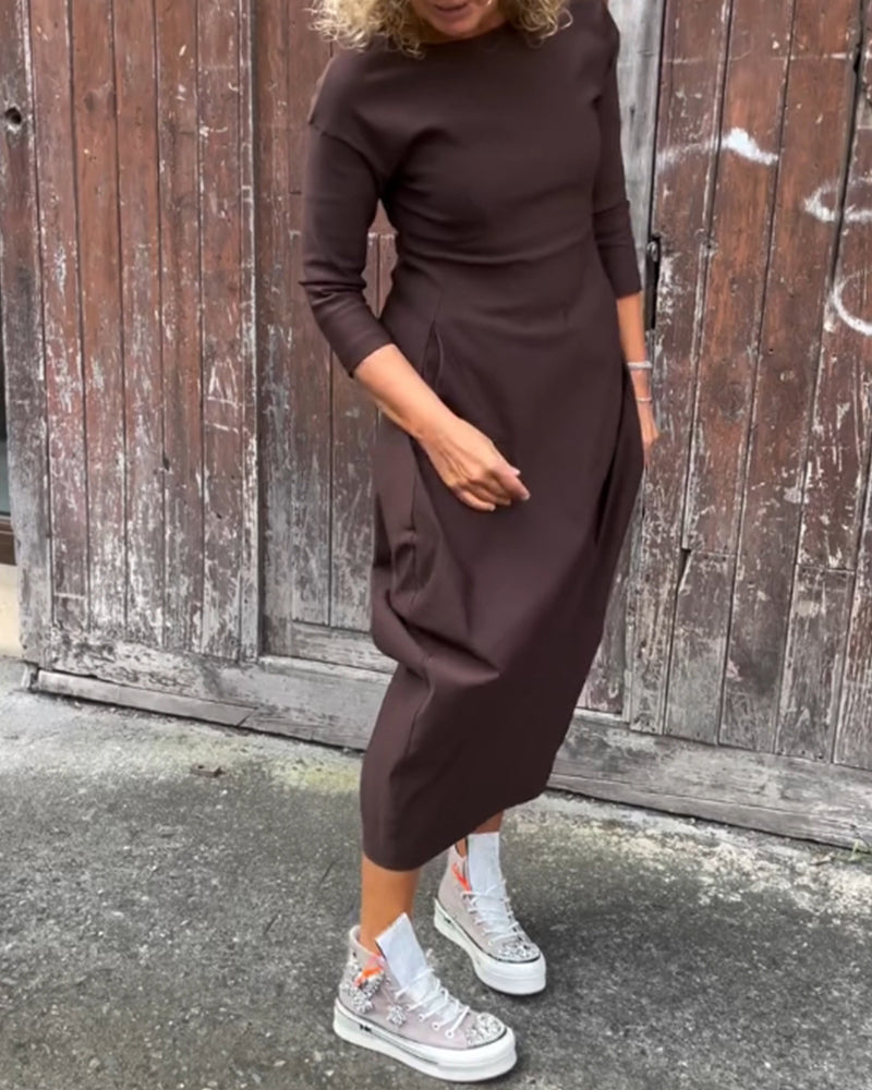 Laura| Elegantna obleka z dolgimi rokavi, enobarvna, z žepi