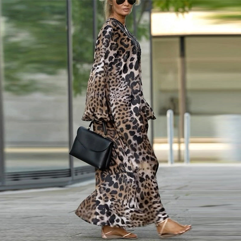 Jeanette| Ženska obleka z dolgimi rokavi in leopardjim vzorcem
