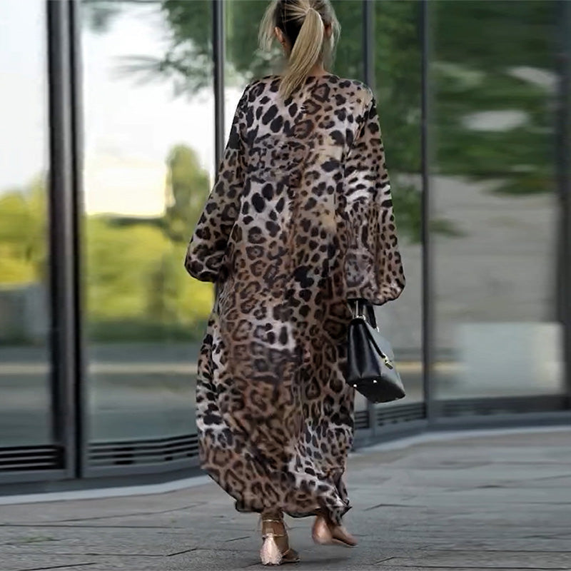 Jeanette| Ženska obleka z dolgimi rokavi in leopardjim vzorcem