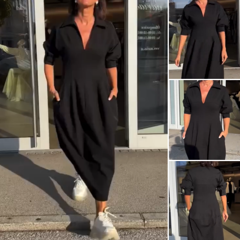 👗Pomladna akcija 50%🔥Ženska midi obleka z V-izrezom in ovratnikom
