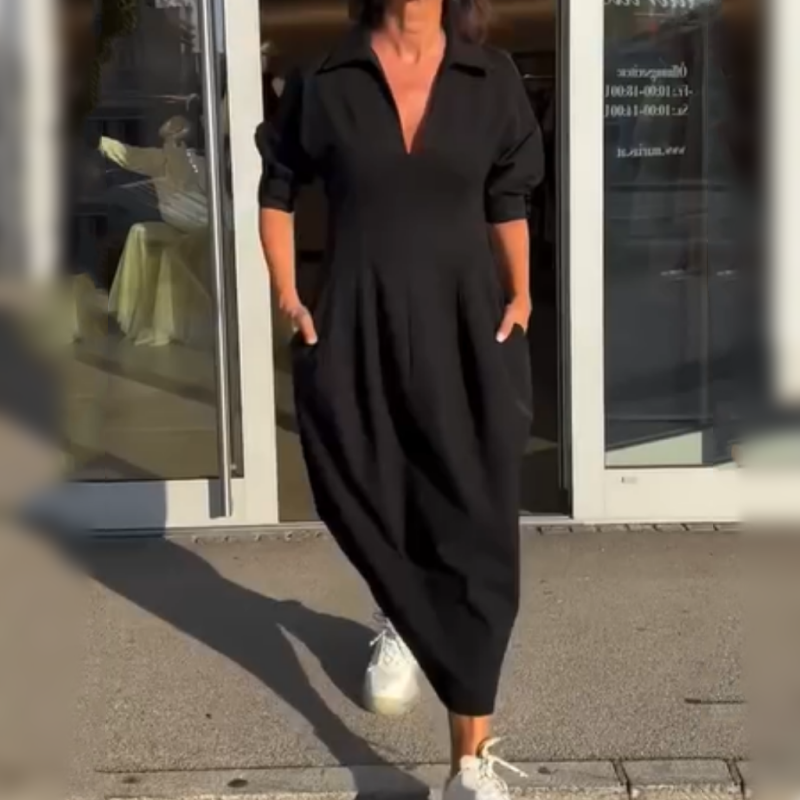 👗Pomladna akcija 50%🔥Ženska midi obleka z V-izrezom in ovratnikom