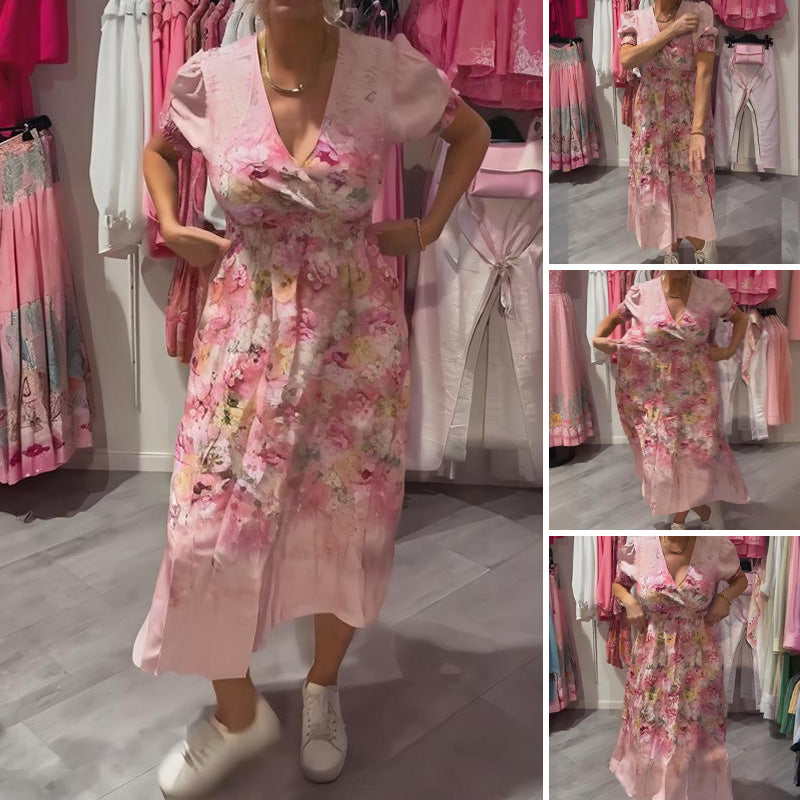 Astrid| Elegantna dolga obleka za ženske z cvetličnim vzorcem in V-izrezom