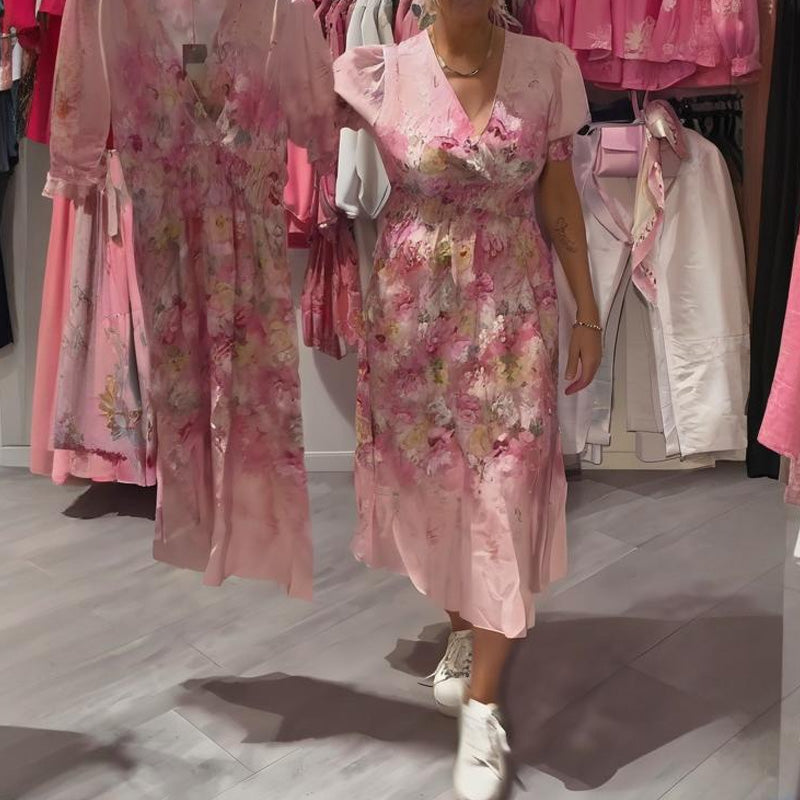 Astrid| Robe longue élégante pour femme avec imprimé floral et décolleté en V