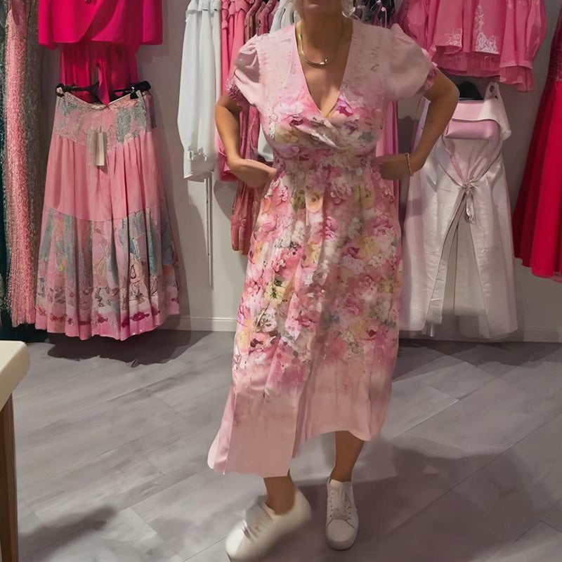 Astrid| Elegantna dolga obleka za ženske z cvetličnim vzorcem in V-izrezom