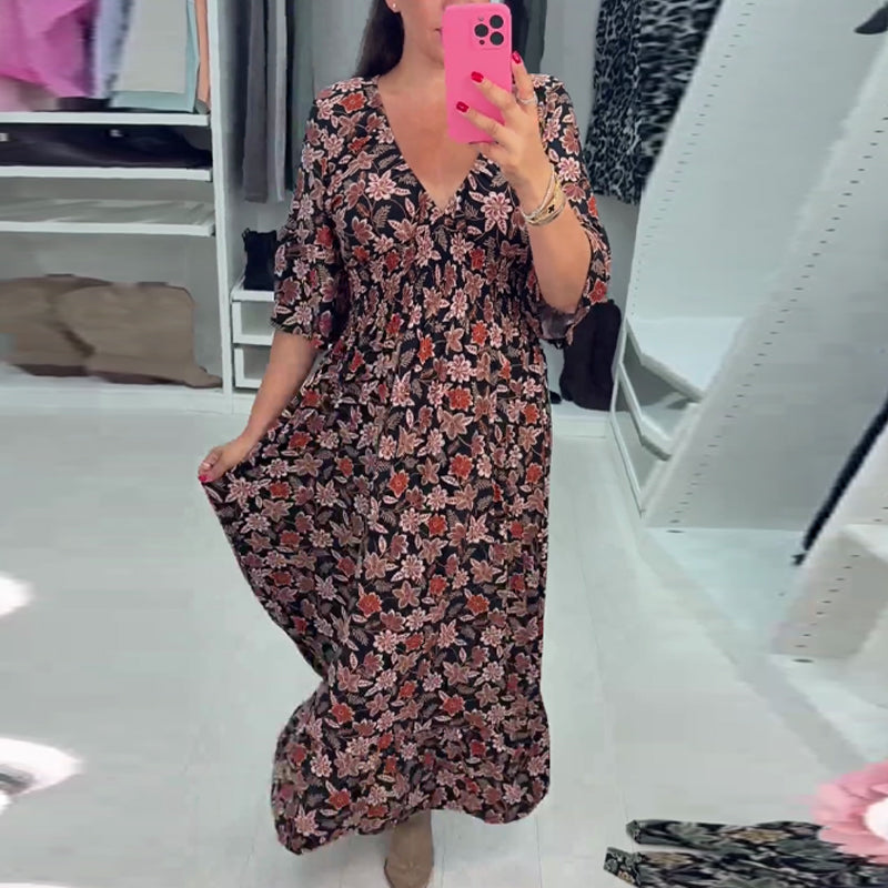 Marjolein| Maxi obleka s potiskom in V-izrezom ter 3/4 rokavi
